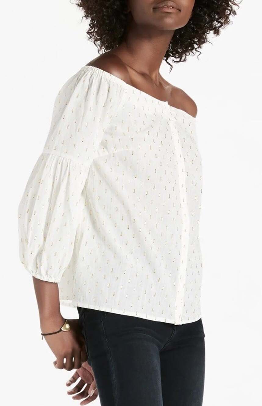New Lucky Brand Off Shoulder Blouse Womens Size XS Bell Sleeves White Lurex